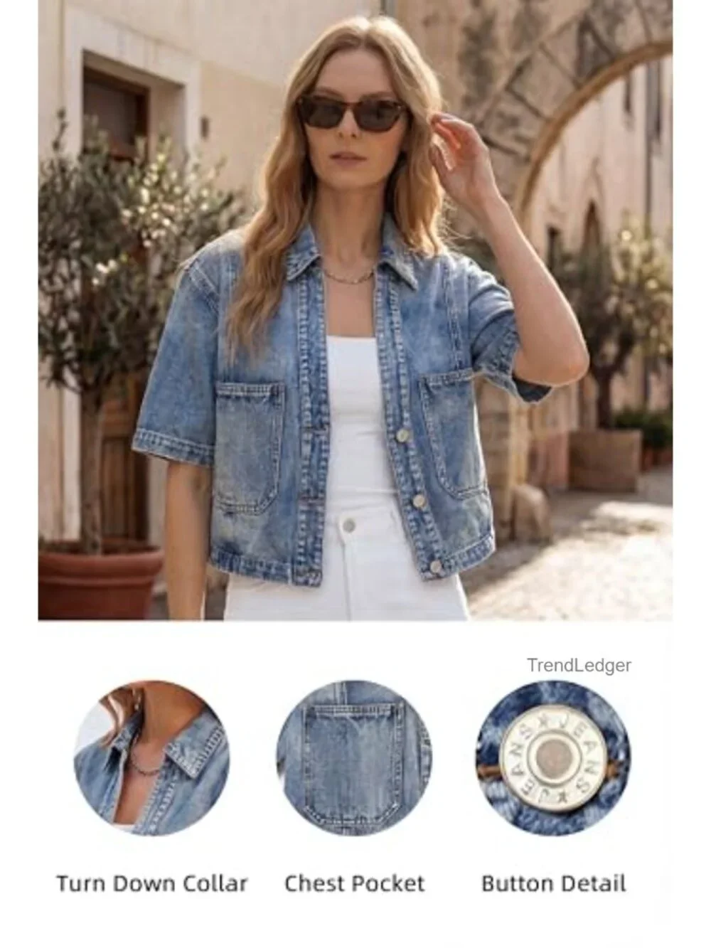 Cropped Short Sleeve Denim Jacket with Button Closure and Utility Pockets